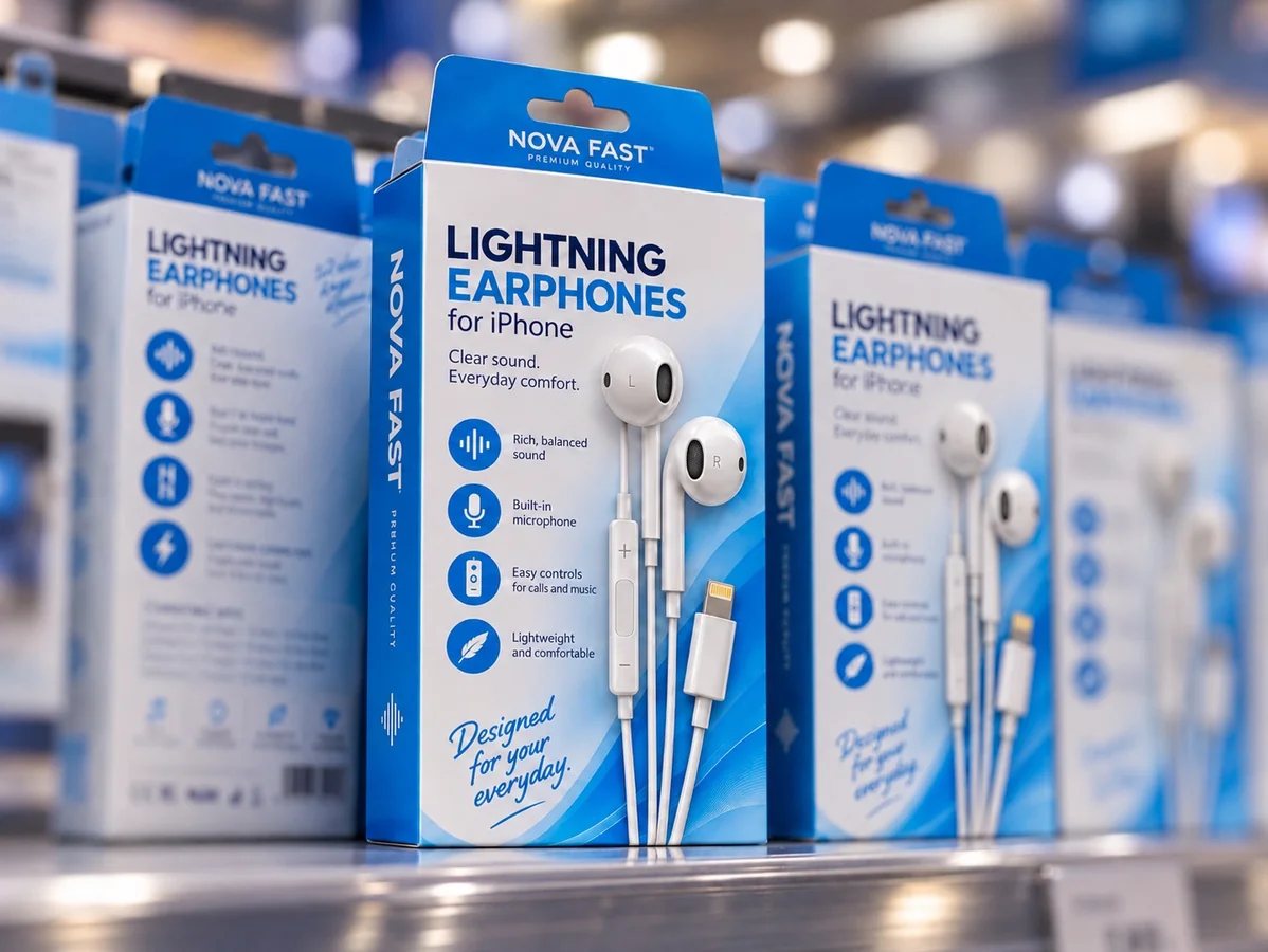 Illustrative close-up of Nova Fast earphones packaging